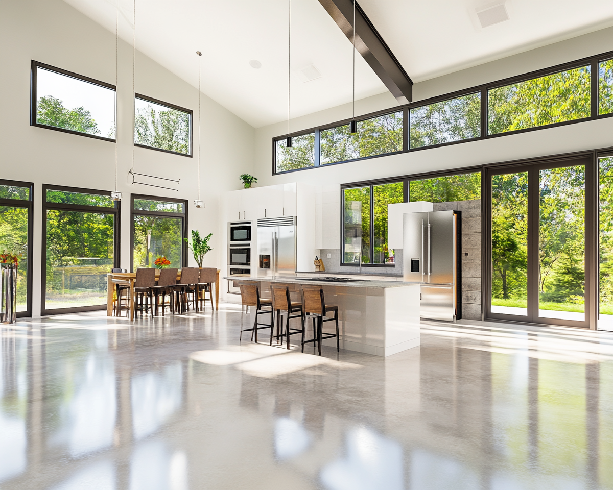 Bright White interior with many windows and polished concrete floor